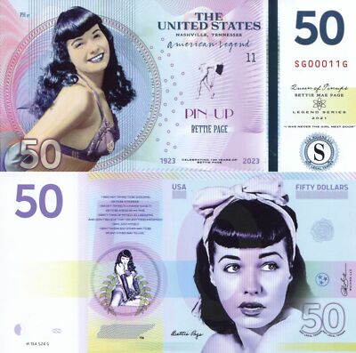 BETTIE PAGE QUEEN OF THE PINUPS $50 POLYMER PRIVATE FANTASY ART ISSUE BY MUJAND!