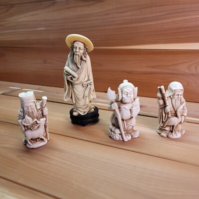 Lot of 4 Chinese Figurines Old Man Warrior Sheep Crane Shelf Sitter Decor