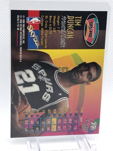 Tim Duncan 1998 Skybox Metal Universe Rookie #72 - Foto 2 di 2