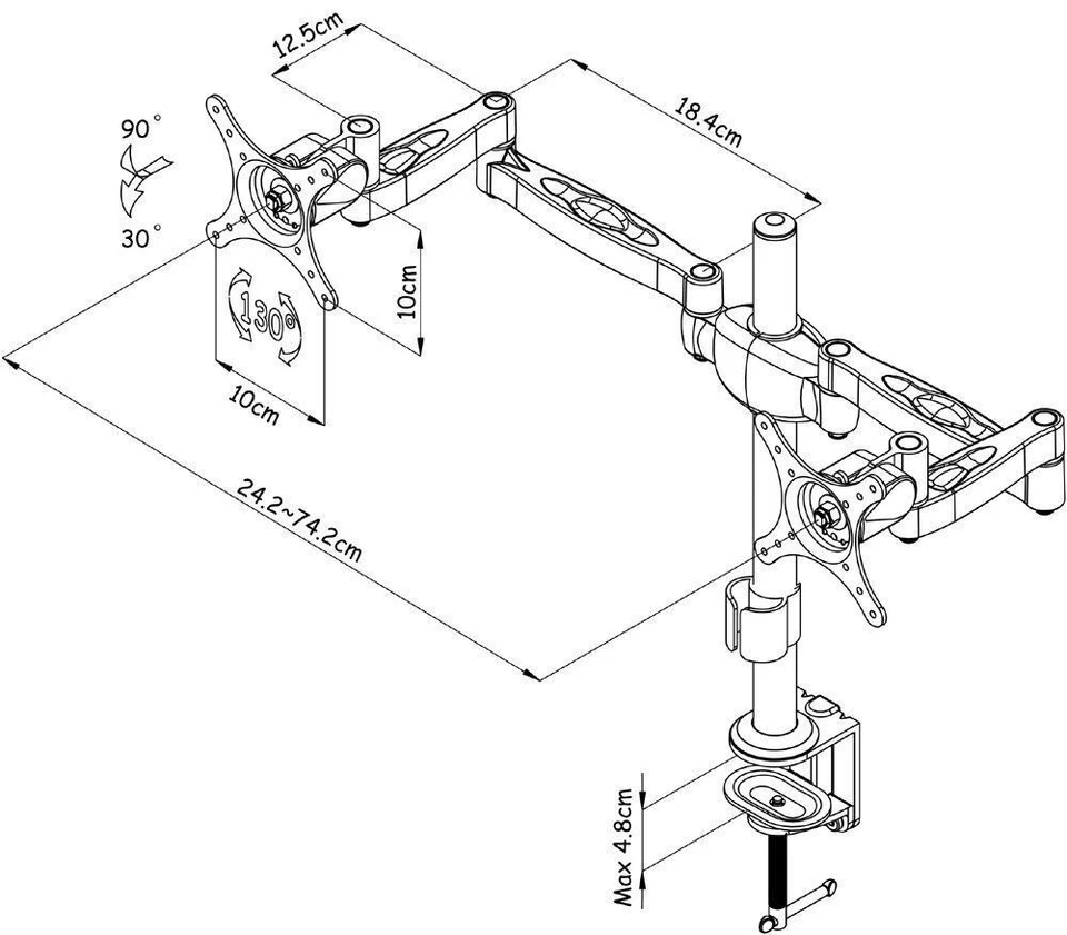 AM05 Double Twin Monitor Arm Desk Stand Mount w/ Adjustable Height & Brackets - Image 3 of 4