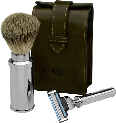 Erbe Solingen - Reise-Rasierset Badger Shaving Brush Shaver Real Leather Case