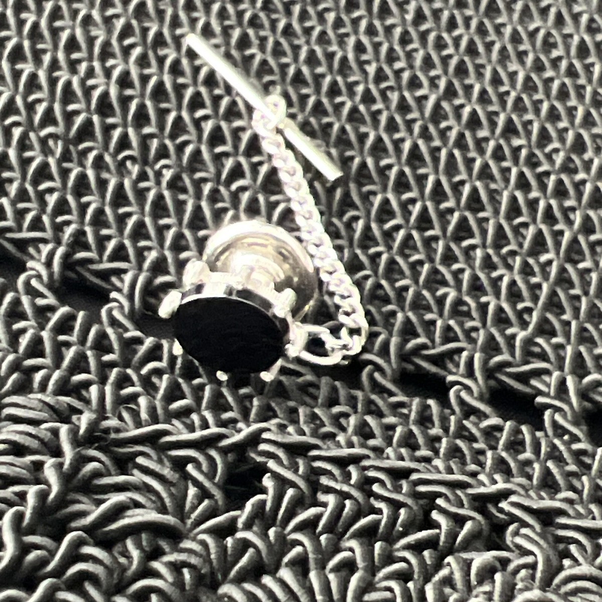 Oval Black Stone Pin Tie Tack With Chain Bar Silver Color Metal