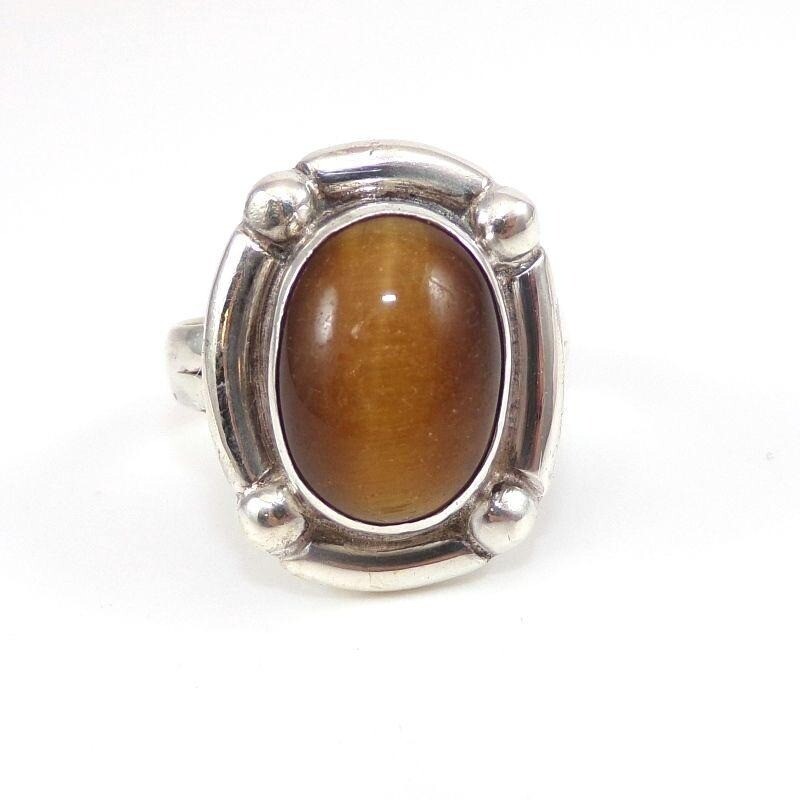Sterling Silver Tigers Eye Bead Ball Split Band R… - image 1