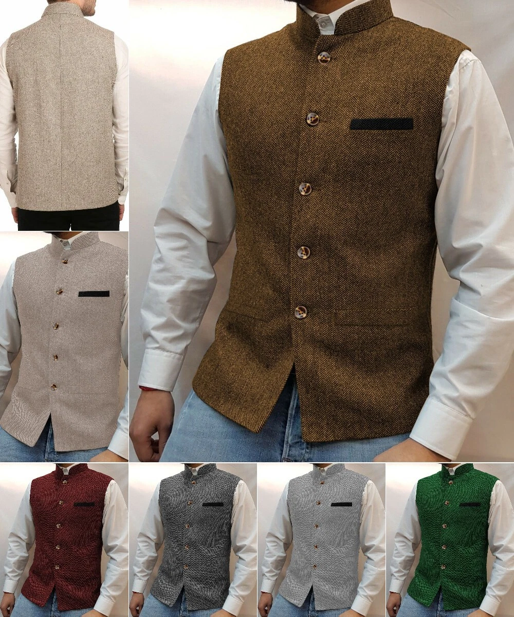 Casual Men Stand-Up Collar Tweed Vest Herringbone Waistcoat Vintage Wedding Wool