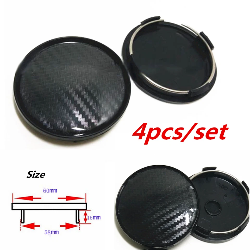 4Pcs 60MM Black Carbon Fiber Look Auto Car Wheel Hub Center Caps Cover Plastic Foto 2 de 4