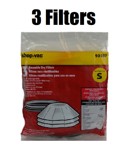 Shop-Vac 9010700 Reusable Dry Filter with Mounting Ring, 3 Pack