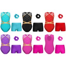 Kids Girls Gymnastics Outfit Rhinestones Dancewear Round Neck 3 Piece Tumbling