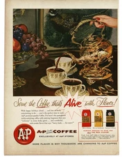 1956 A&P Coffee Bokar Red Circle Eight O'CLock fancy cups coffeepot serving Ad