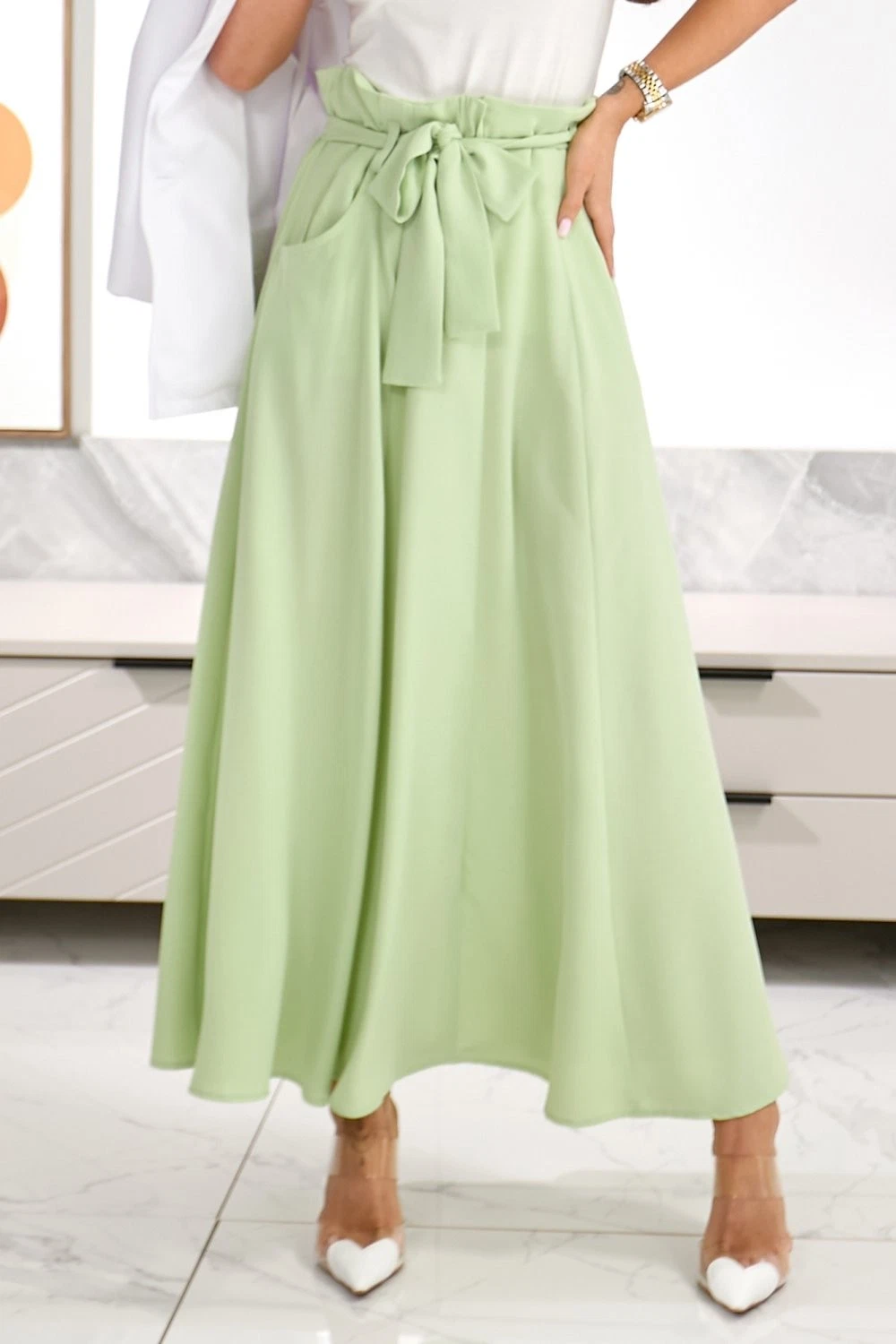 Light green summer floor-length skirt with a belt Size 2, 4, 6, 8, 10 US NEW