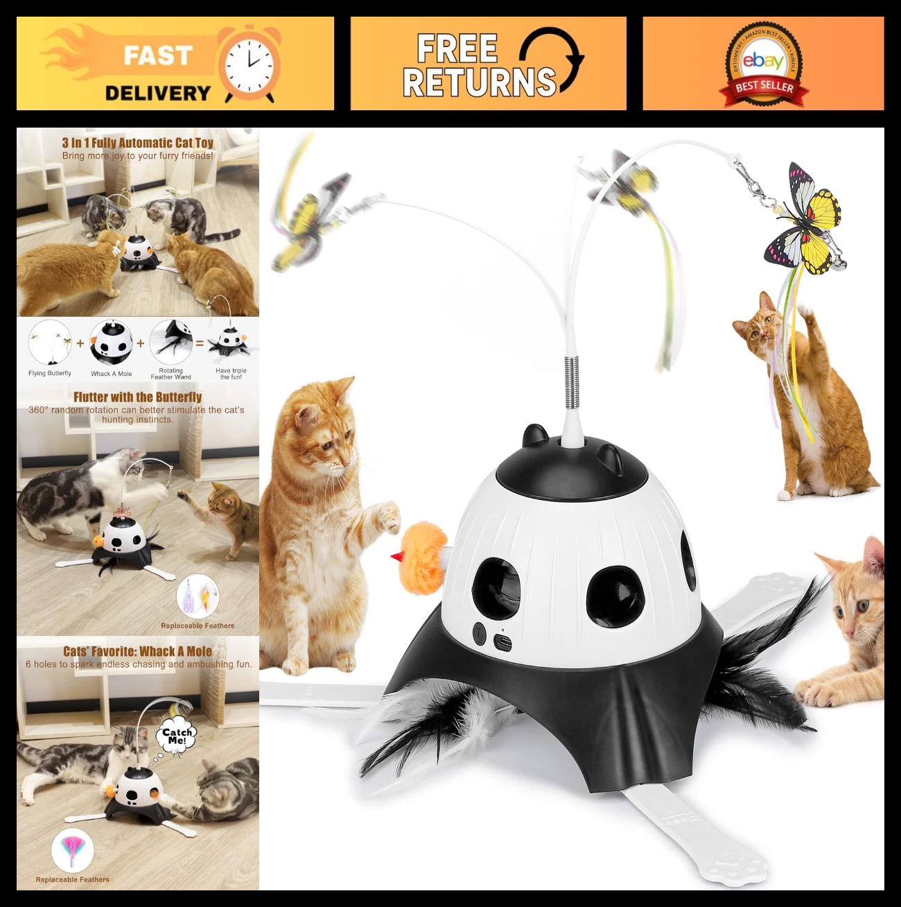 3-in-1 Interactive Cat Toys - Fluttering Butterfly, Whack-a-Mole & Feather Wand,