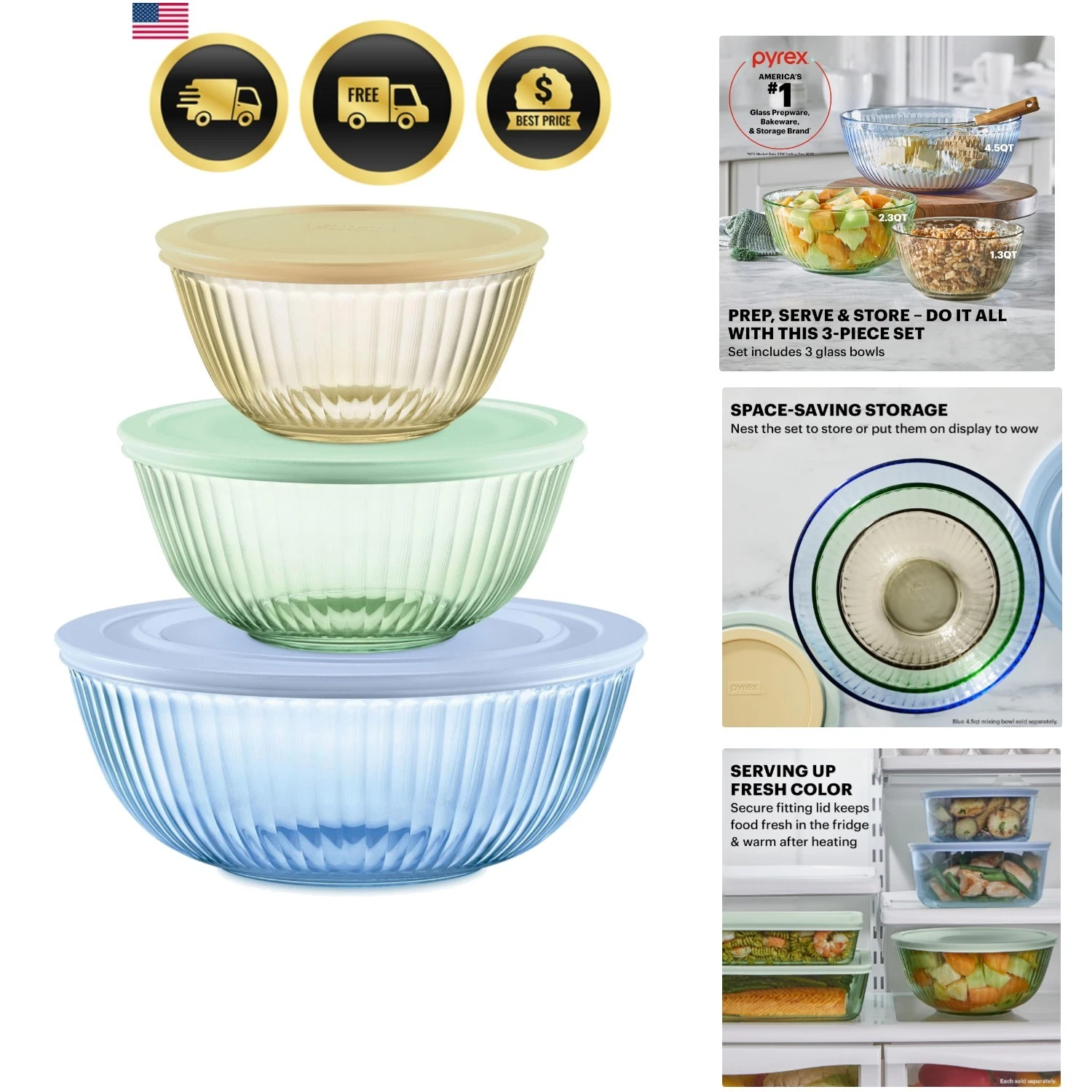Colors Tinted 3-Pack, Full Set Sculpted Tinted Glass Mixing Bowls With Plasti...