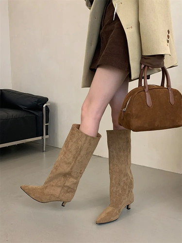 Winter Street Style Pointed Toe Knee-High Boots Women Low Heels Shoes Long Boots - Picture 9 of 14