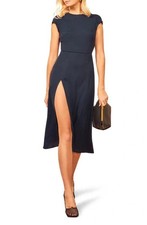 REFORMATION Navy Blue Crepe GAVIN Cap Sleeve Cutout Back High Slit Midi Dress 12