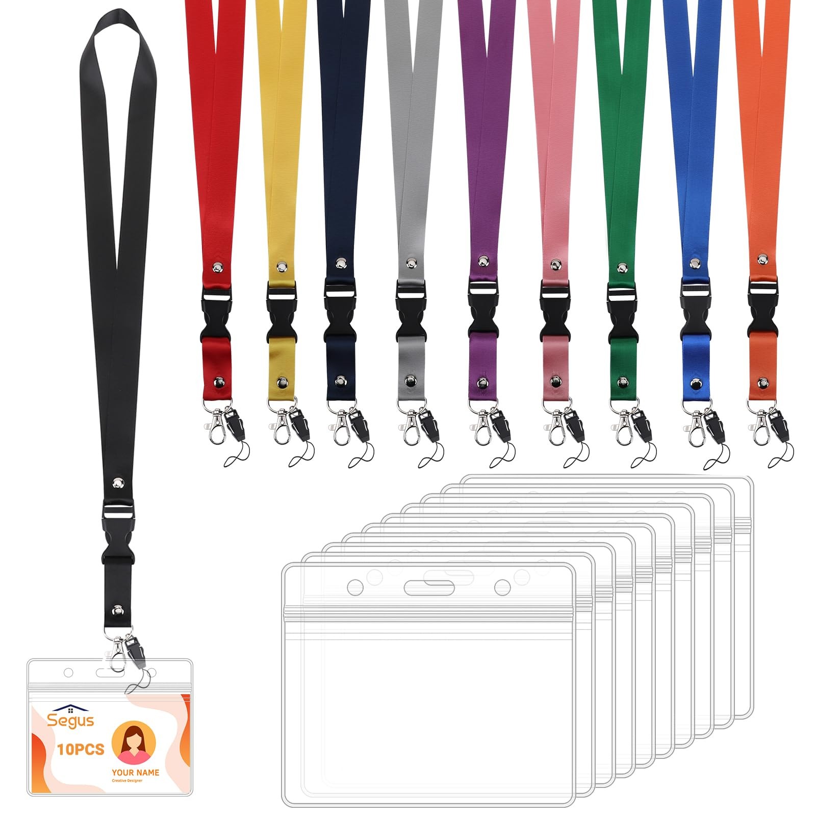 Porte badge tour de cou lot de 10 avec cordon noir pour carte