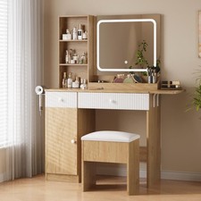 Vanity Desk with Lighted Mirror Power Outlet, Makeup Table with Stool Drawer