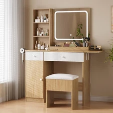 Vanity Desk with Lighted Mirror & Power Outlet, Makeup Table with Stool & Drawer