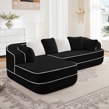 106" Teddy Fabric No Assembly Sofa w/ Chaise, Black, Fluffy Comfy Living Room