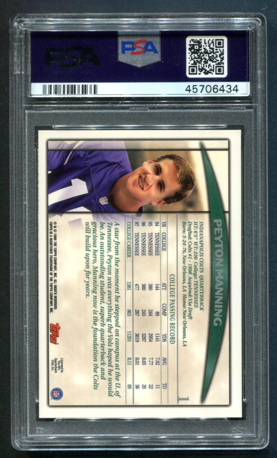 1998 Topps Season Opener Peyton Manning RC #1 PSA 9 MINT HOF view 2