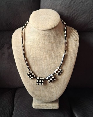Vintage African Batik Bone Bead Necklace 20'' Black Brown Spotted White Accents
