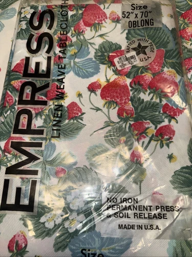 Vintage Nos Empress linen weave tablecloth strawberries 52 x 70 oblong