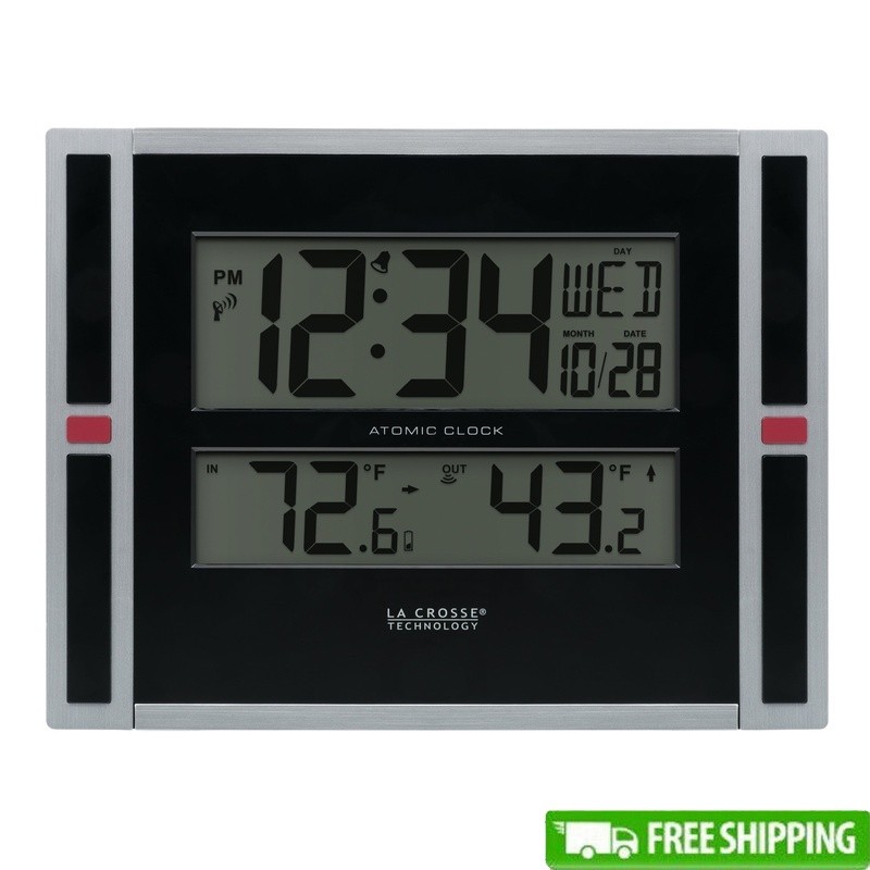 Atomic Digital Wall Tabletop Clock W/ Temperature Alarm Battery Operated 12/24h-image
