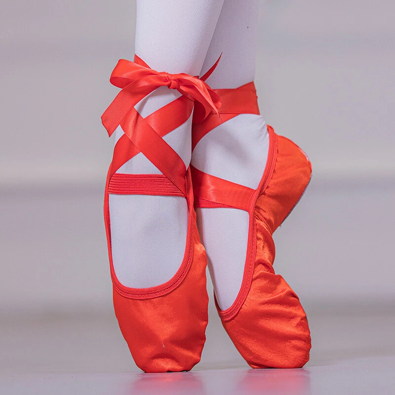 Kids Adult Ballet Dance Shoes Lace Up Silky Satin Soft Leather Split Sole
