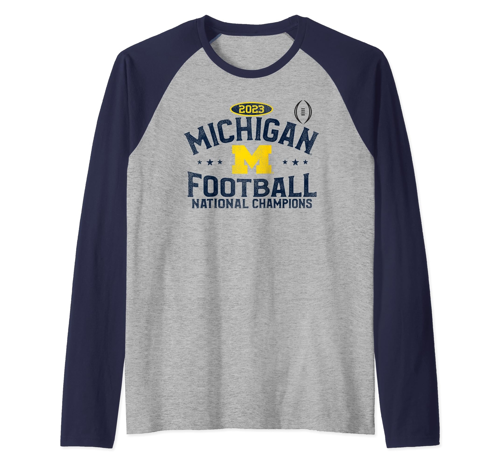 Michigan Wolverines 2023 CFP National Champs Front/Back Gray Raglan Baseball Tee