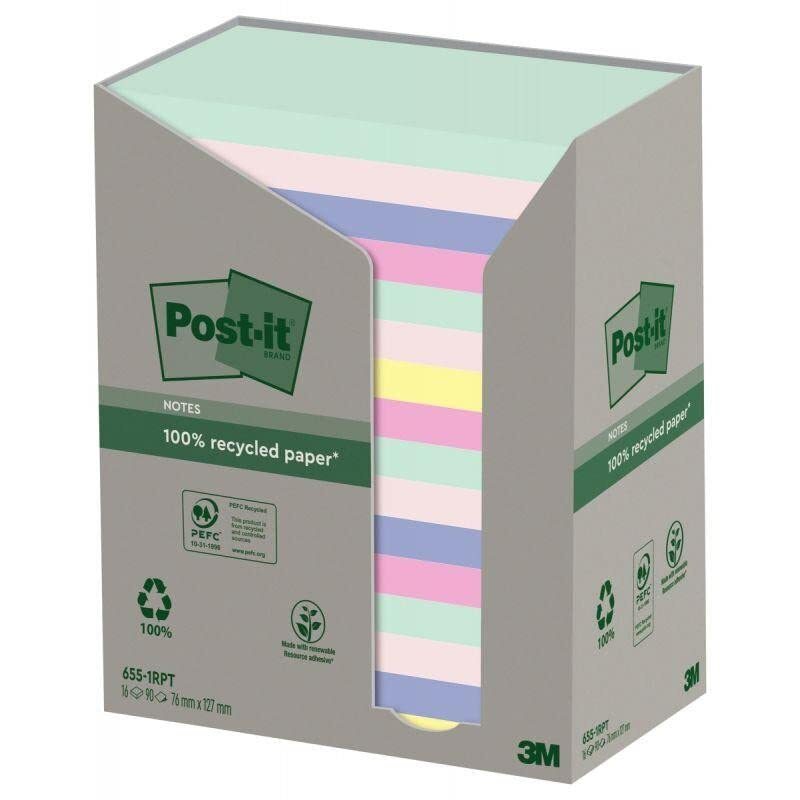 Post-it Recycling Notes Assorted Colours, Pack of 16 Pads, 100 Sheets per Pad, 7