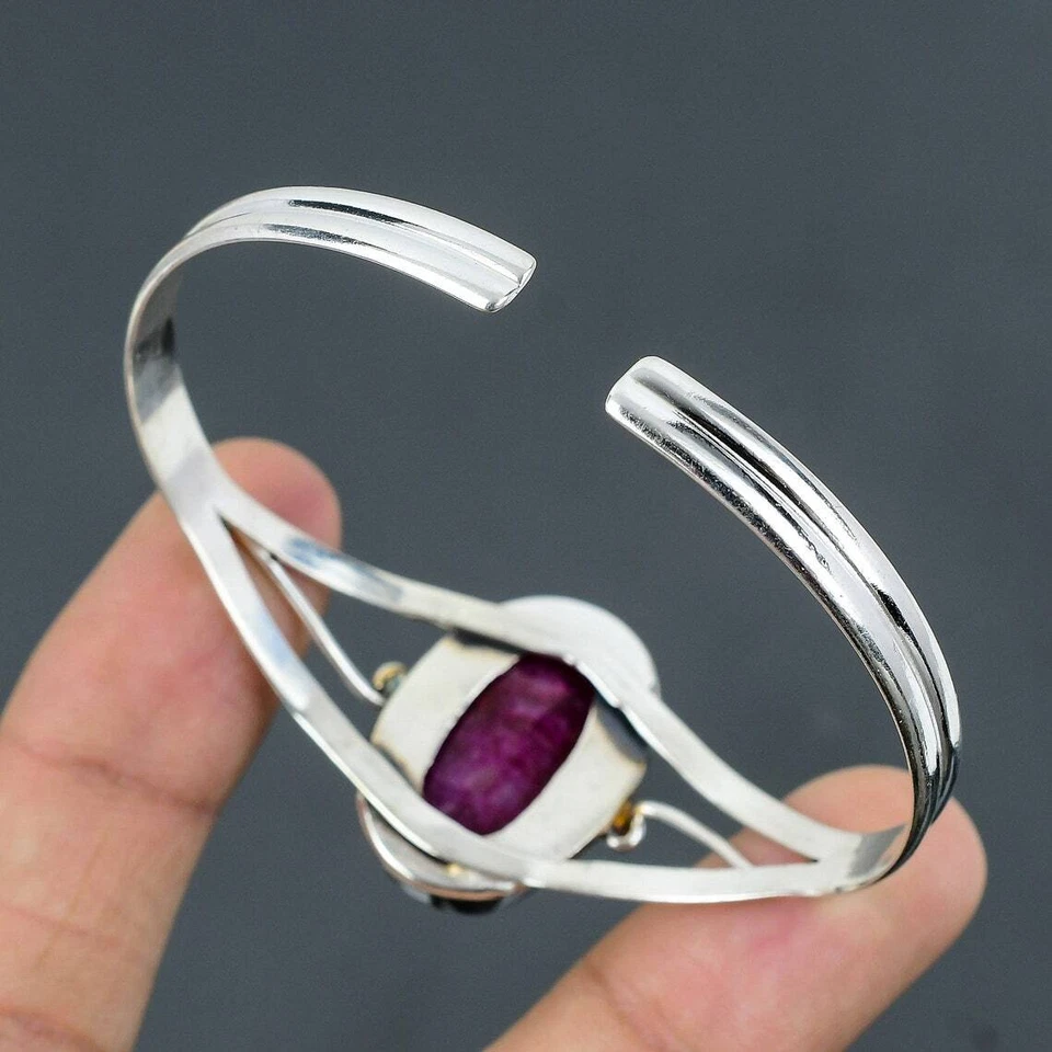 Raw Ruby Bangle 925 Silver Handmade Stetament Women Cuff Bracelet Jewelry #055 - Image 4 of 4