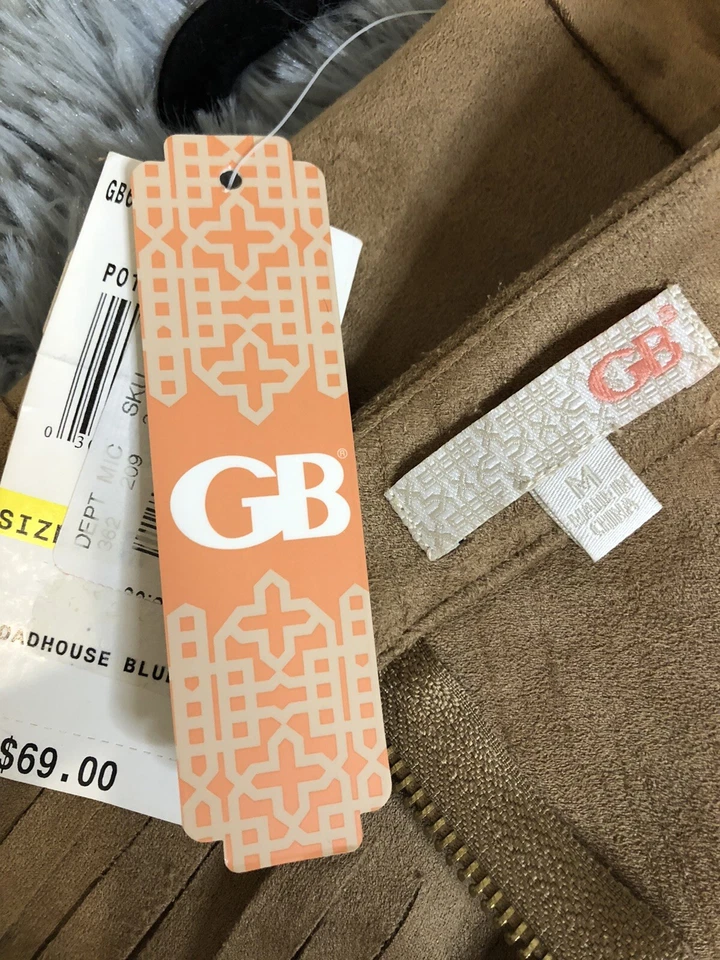 GB Mujer Talla Mediana Beige Falda Terciopelo 3 Niveles Flecos Hasta la Rodilla Recta Nueva Foto 4 de 4