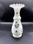 Vintage Milk Glass Vase Hand Painted Purple Flowers With Ruffle Rim