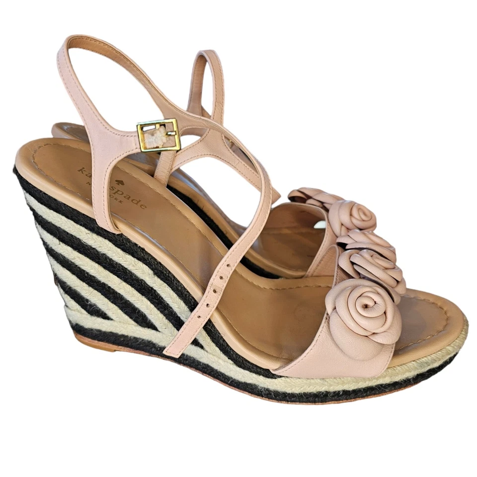 Kate Spade Jill Rosa Puff Cuero Roseta Negro Blanco Tejido Rafia Cuñas Talla 10 Foto 2 de 4