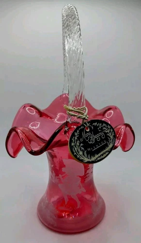 Fenton Vintage Cranberry Mary Gregory Ruffled 10" Basket HP First Rain LE# 515