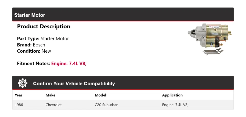 Para 1986 Chevrolet C20 Suburban 7.4L V8 Bosch Starter (Novo) - Imagem 2 de 4