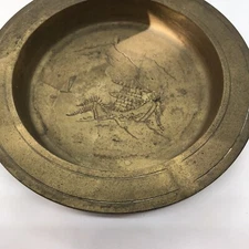 Vintage Solid Brass Ashtray round Etched Engraved Mountains Pagoda patina