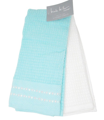 Kitchen Towels Set of 2 dish hand Embroidered Hearts on solid aqua & white