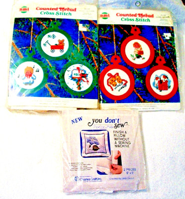 2 Cross Stitch Sewing kits Christmas Ornament Set & 9'' Pillow Kit Counted Thread