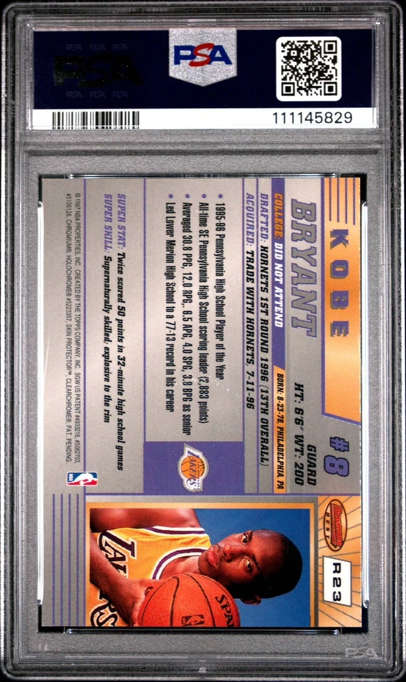 Tarjeta de novato 1996-97 Bowman's Best Kobe Bryant RC #R23 graduada PSA 9 Lakers Salón de la fama Foto 2 de 3