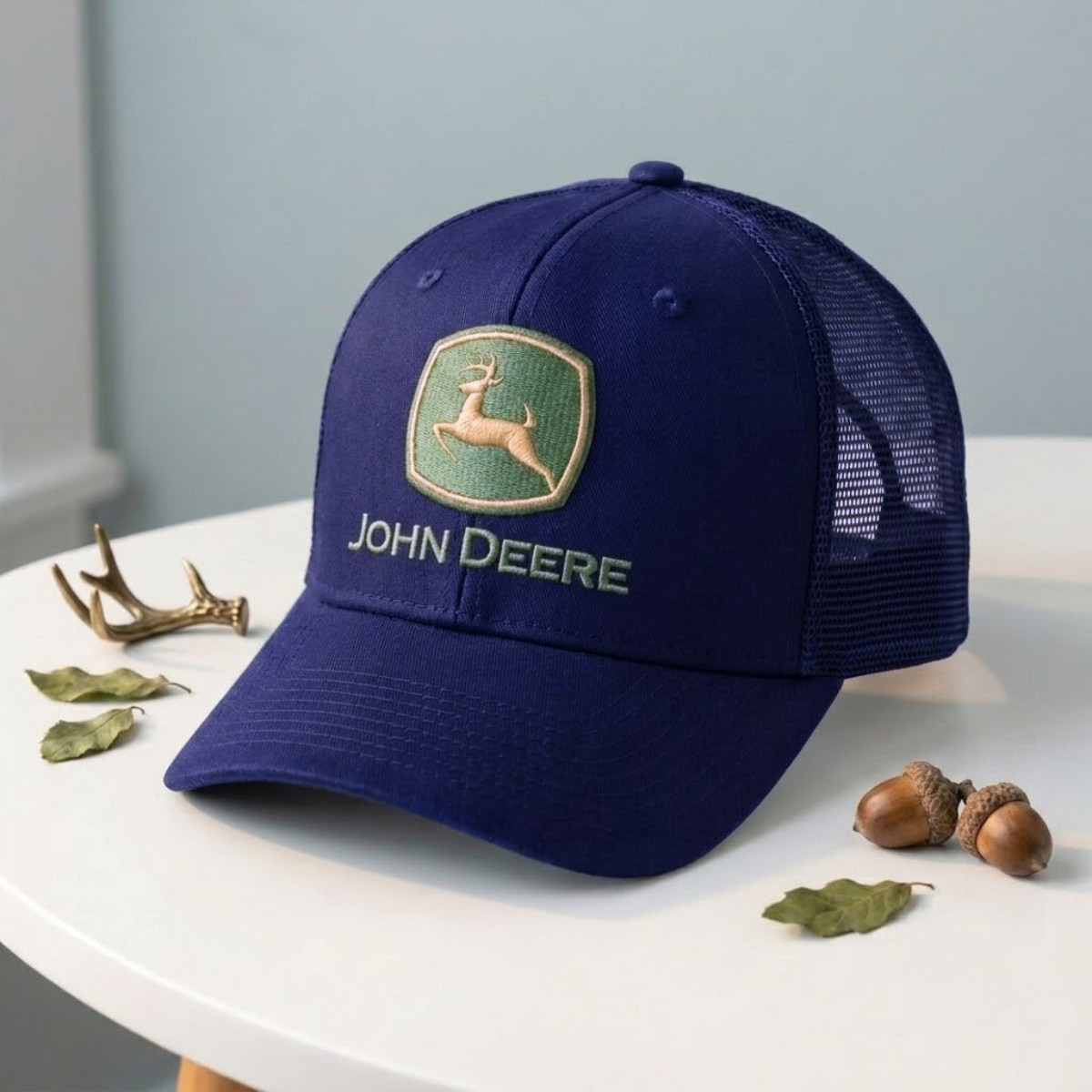 John Deere Trucker Hat Mesh Back Navy Blue Embroidered Logo Snapback Cap