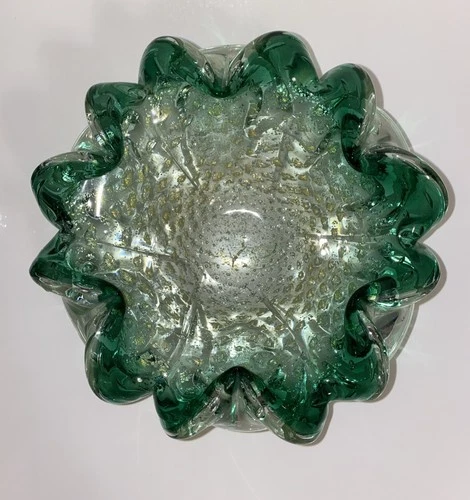 Italy Murano  Vintage Glass Ashtray Bowl Green & Gold Ruffled Edge 7” READ