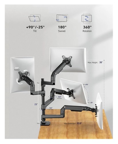 Quad Monitor Mount Holds 4 Screens up to 40" and 25 lbs Fully Adjustable, Cclamp - Picture 2 of 10