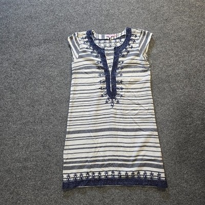 Calypso St Barth Dress Womens XS Blue White Striped Embroidered Beachy Casual