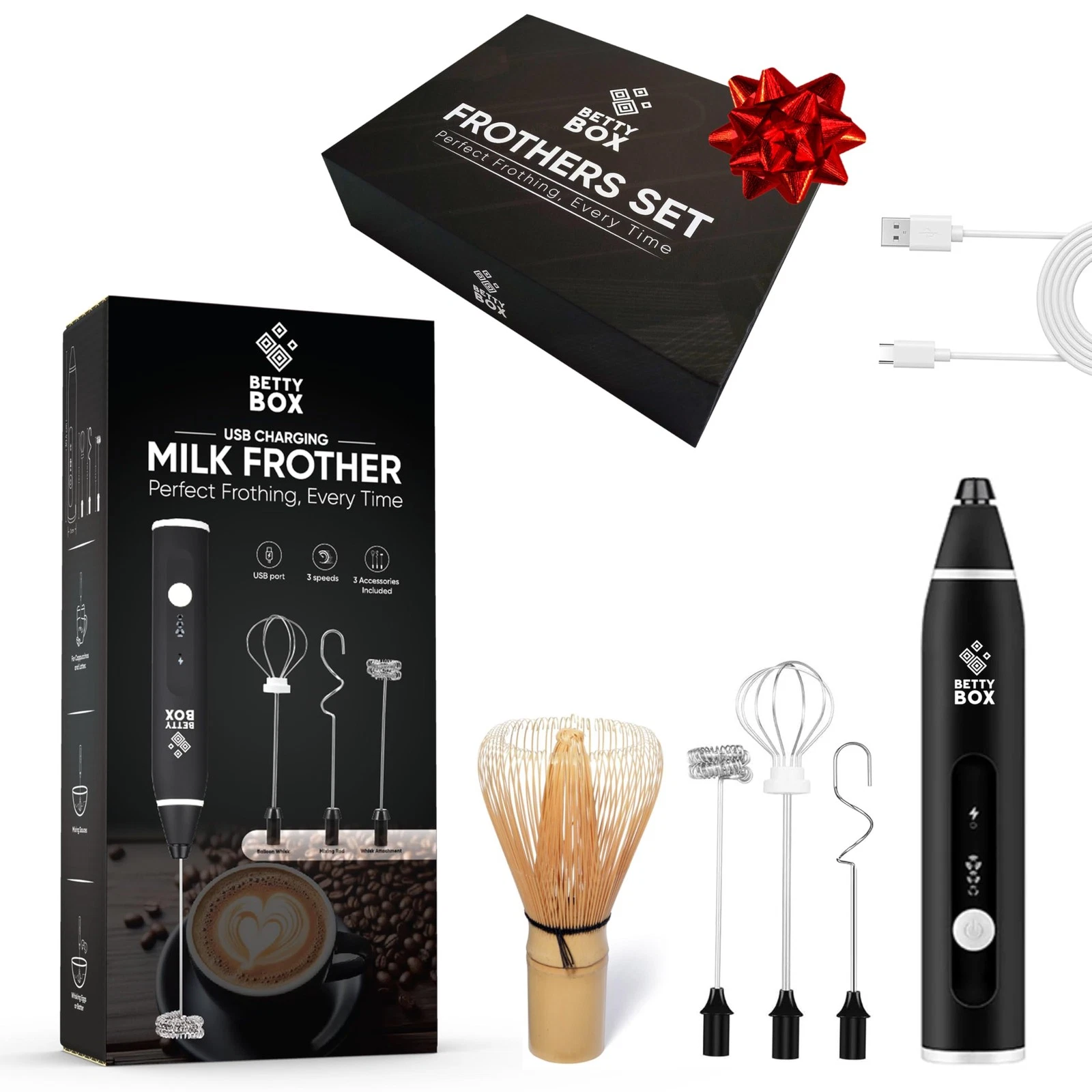 BETTY BOX Milk Frothers Set – Electric Frother Handheld One Size, Black