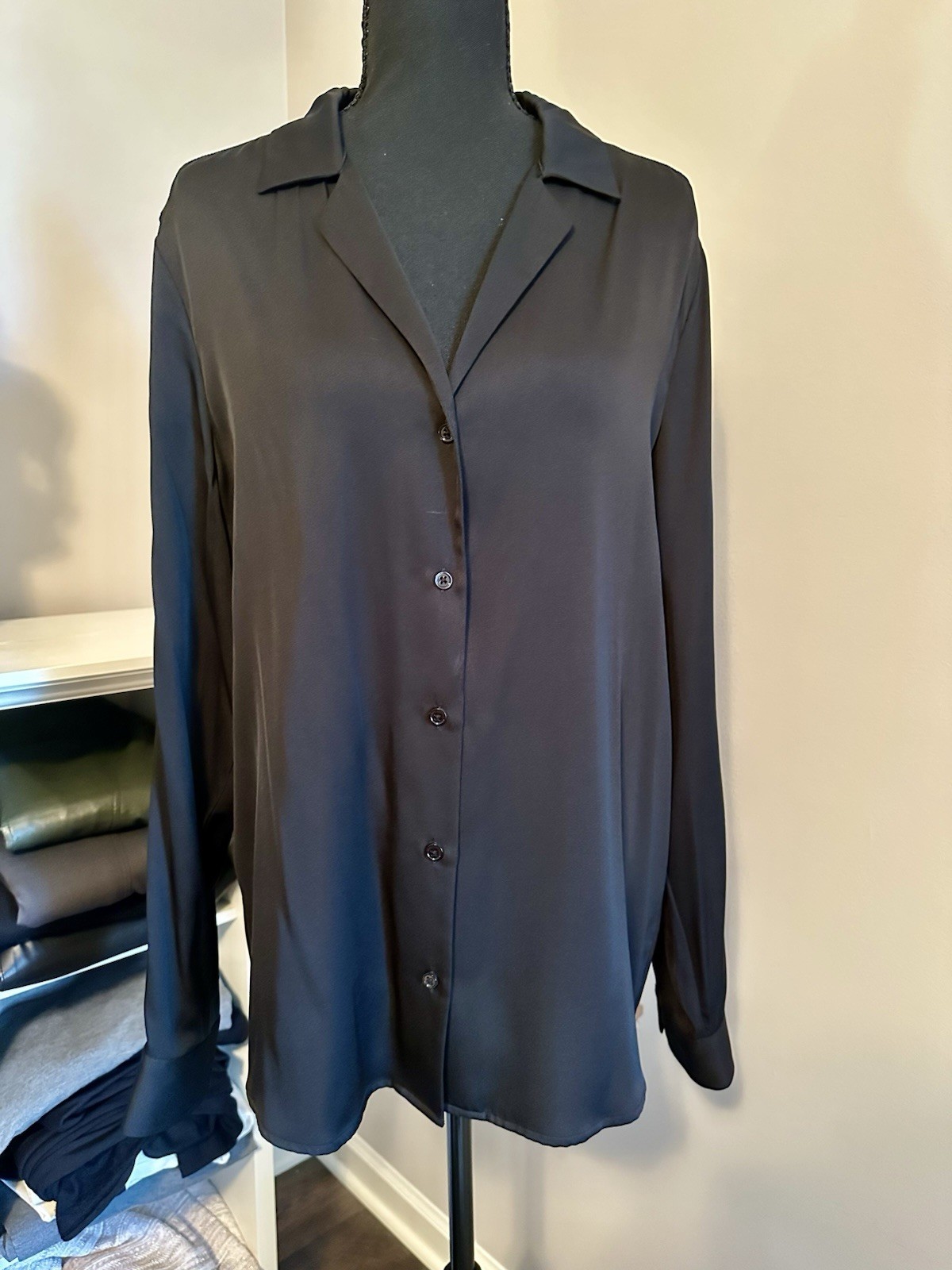 Quince Black Silk Button-Up Blouse Collared Long Sleeve - L