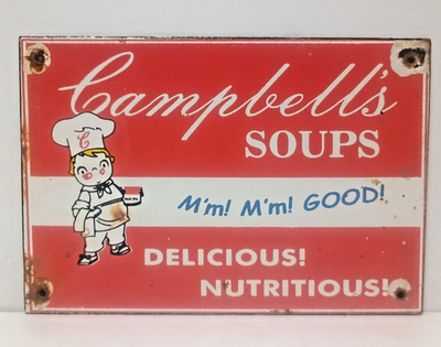 #ad Vintage Campbell#x27;s SOUPS Good Delicious Porcelain Enamel Sign 8quot; x 5.5quot; Inch $75.00