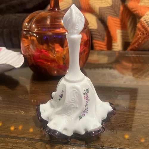 Fenton lilac plum crest bell spanish lace ruffled milk glass purple flowers