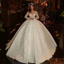 Long Sleeved Shiny Sequin Decal Wedding Dress Luxurious V-neck Robe Bridal Gown