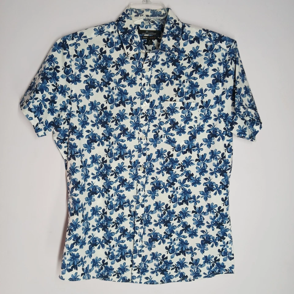 Marc Anthony 男式豪华修身短袖纽扣衬衫 M 花卉亚麻 — 第 2/4 张图片
