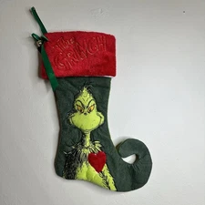 Dr Seuss Grinch Green Curl Elf Toe Felt Bell Christmas Stocking Whimsical 16”