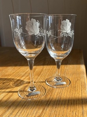 Noritake Virtue 868 Etched Rose Lead Crystal Glass Set 15pc Japan 8 Water 7 Wine